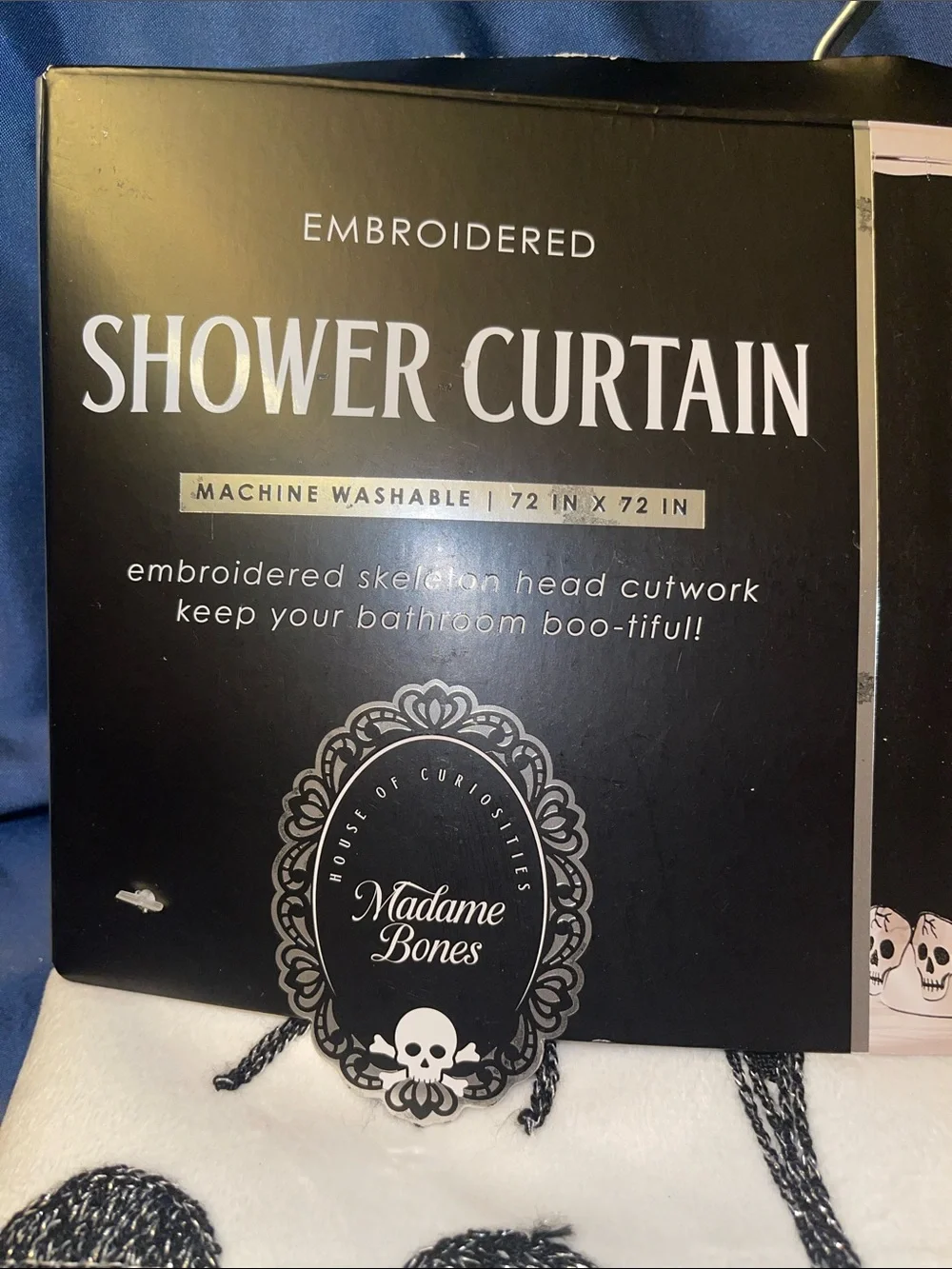 Madame Bones Black & White Embroidered Skull Shower Curtain